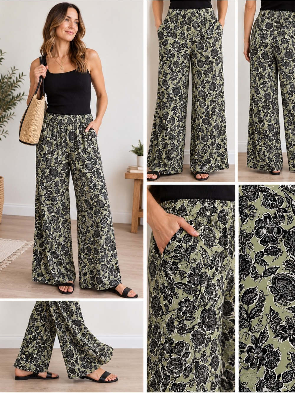 Yesta Floral Wide Leg Lounge Pants Sage Black Pull On 14W
